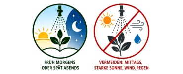 Grafik mit zwei Symbolen: links Sonne/Mond „Früh morgens oder spät abends“, rechts Warnsymbol „Mittags“