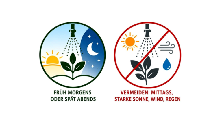 Grafik mit zwei Symbolen: links Sonne/Mond „Früh morgens oder spät abends“, rechts Warnsymbol „Mittags“