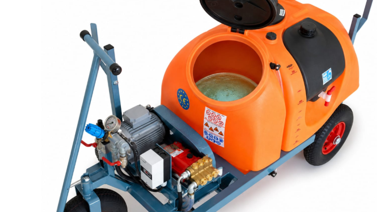 3D-Grafik einer orangefarbenen Betonmischmaschine auf blauem Fahrgestell